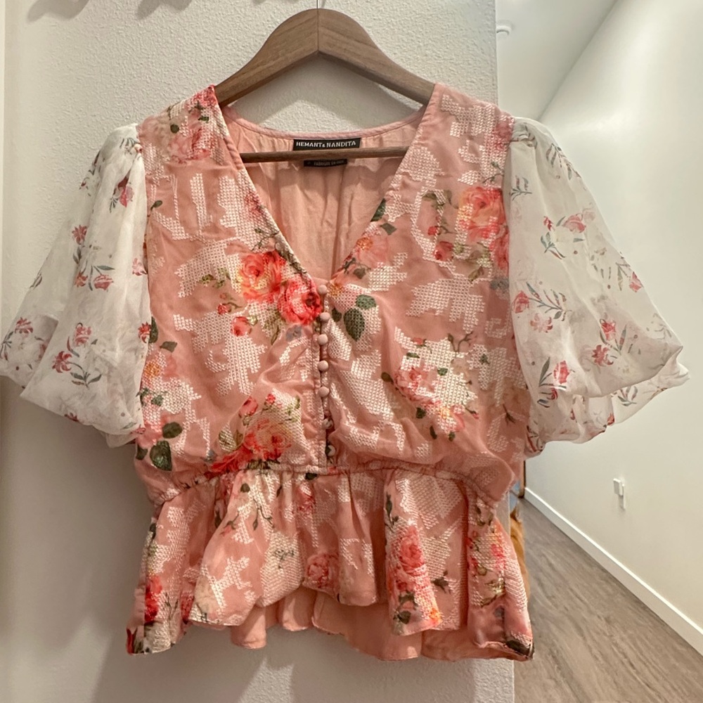 HEMANT & NANDITA Floral Peach Blouse with Sheer Sleeves
